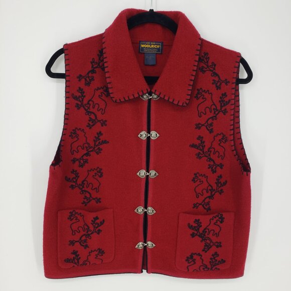 Woolrich Soutache Embroidered Boiled Wool Vest M Womens Reindeer Moose Red Black - Picture 1 of 6